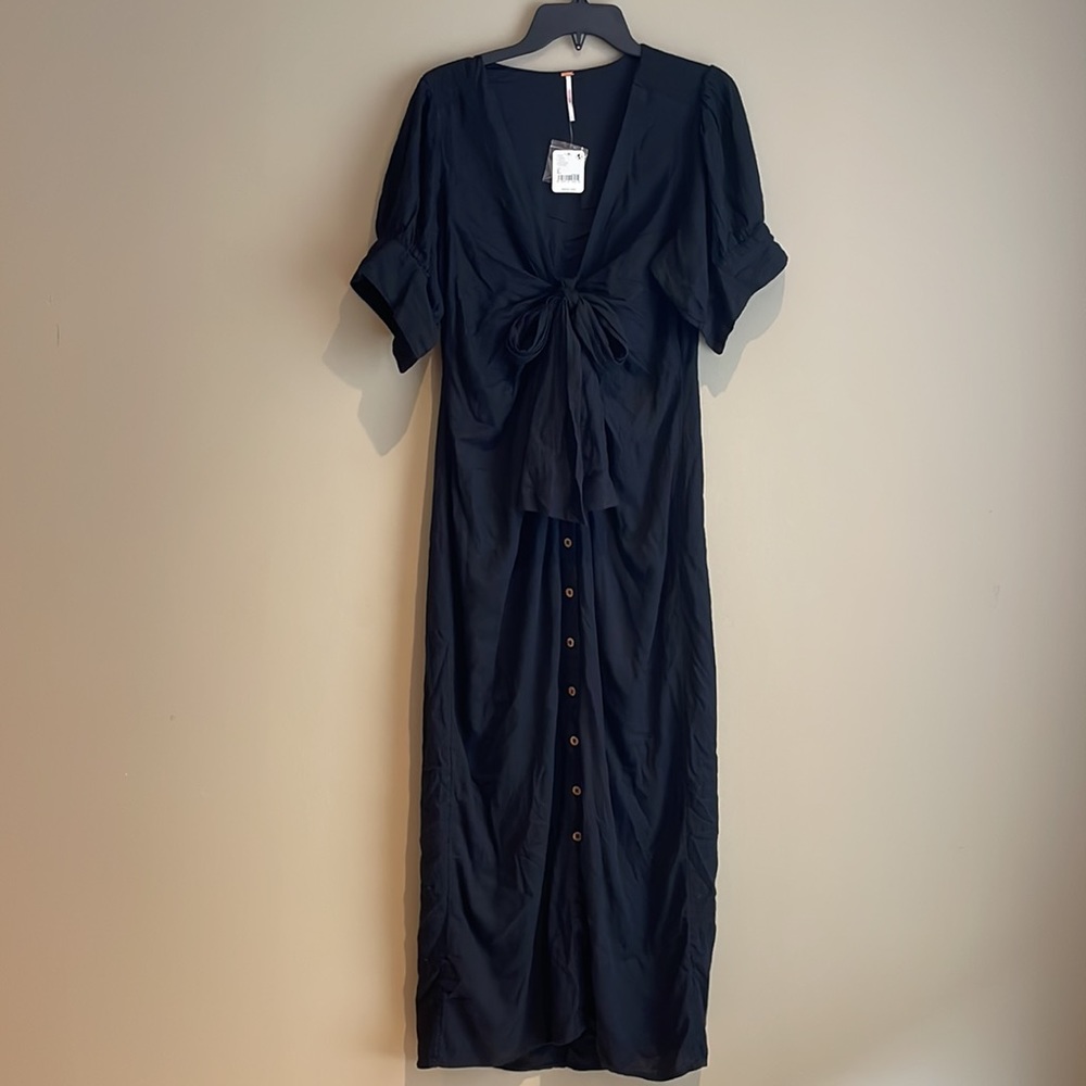 Free People Black Tie Front Button Down Dress Size L